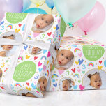 Cute Kids 3rd Birthday Rainbow Photo Hearts Green Wrapping Paper<br><div class="desc">Celebrate the magic of turning three with this cute personalised gift wrap! A fun and colourful design featuring three of your favourite photos and lots of rainbows, hearts and stars! White type with the words "Happy Birthday" and the recipient's name are clearly displayed on a circular panel, and the all-important...</div>