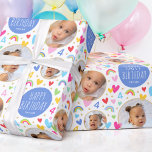 Cute Kids 4th Birthday Rainbow Photo Hearts Blue Wrapping Paper<br><div class="desc">Celebrate the magic of turning four with this cute and colourful wrapping paper! A fun template, with the phrase "Happy Birthday" in trendy script lettering, and personalised with your child's photo and name. Colourful rainbows, hearts, stars, and the all-important birthday age are repeated throughout the pattern. Perfect for celebrating kids'...</div>