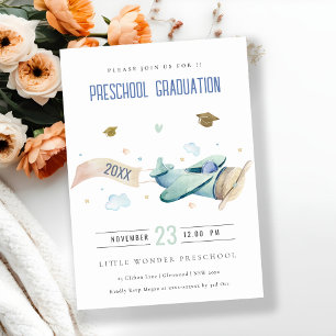 Cute Kids Aeroplane Sky Stars Preschool Graduation Invitation
