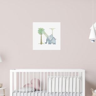 Cute Kids Animal ELEPHANT Monogram N Nursery Poster