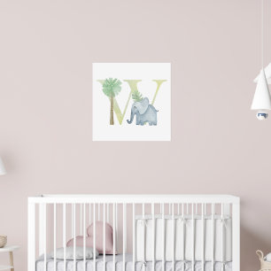 Cute Kids Animal ELEPHANT Monogram W Nursery Poster