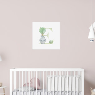 Cute Kids Animal HIPPO Monogram E Nursery Poster