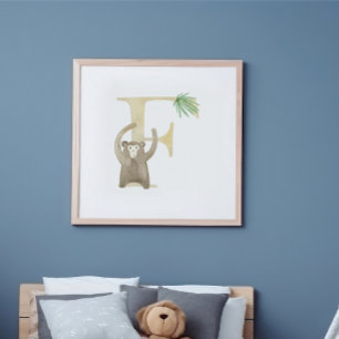 Cute Kids Animal MONKEY Monogram F Nursery Poster
