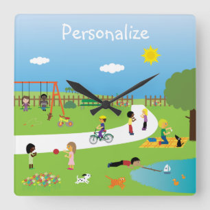 Cute Kids & Animals Playing in the Park Square Wall Clock
