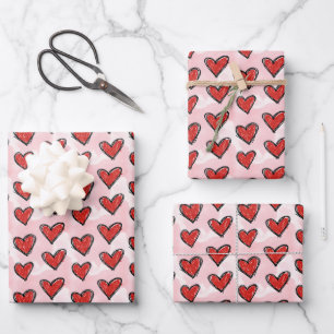 Cute Kid's Art Style Red Hearts on Pink Watercolor Wrapping Paper Sheet