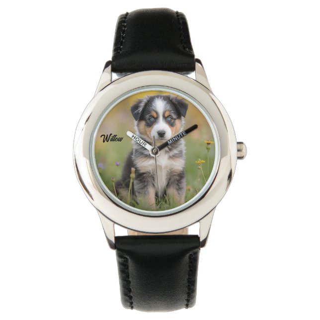 Cute Kid's Australian Shepherd Personalised Watch (Front)
