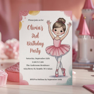 Cute Kids Ballerina 3rd Birthday Party Invitation