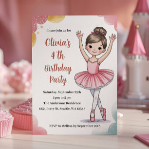 Cute Kids Ballerina 4th Birthday Party Invitation