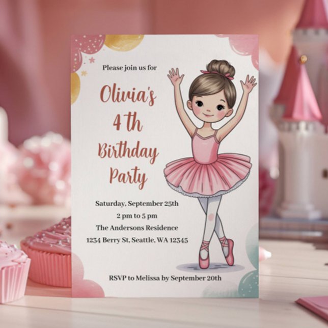 Cute Kids Ballerina 4th Birthday Party Invitation (Creator Uploaded)