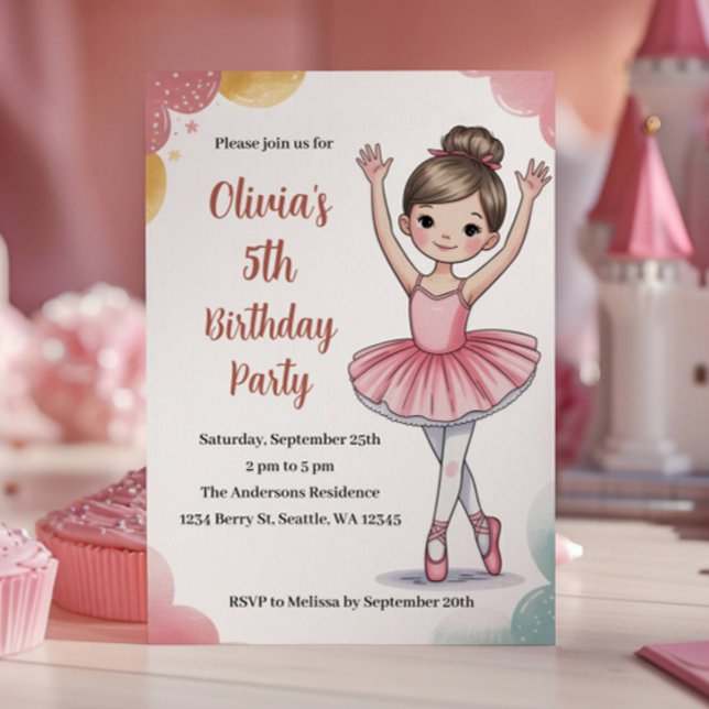 Cute Kids Ballerina 5th Birthday Party Invitation (Creator Uploaded)