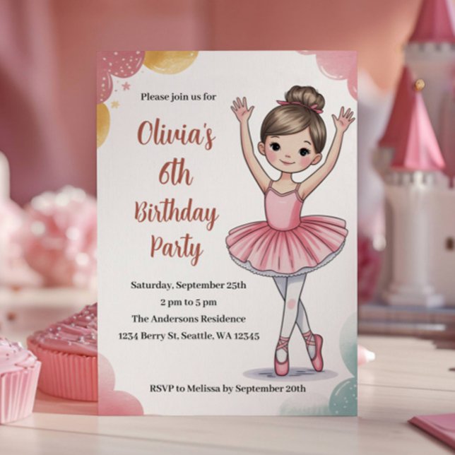 Cute Kids Ballerina 6th Birthday Party Invitation (Creator Uploaded)