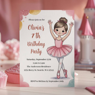 Cute Kids Ballerina 7th Birthday Party Invitation