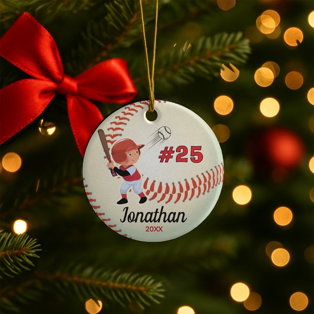 Cute kids baseball sports team boy athlete ceramic ornament (Creator Uploaded)