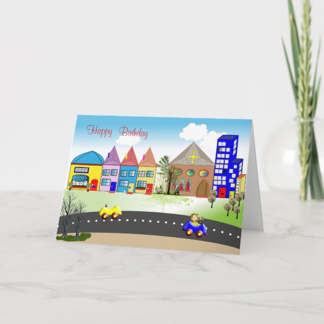 Cute Kids Birthday Card Colourful Little Town (Front)