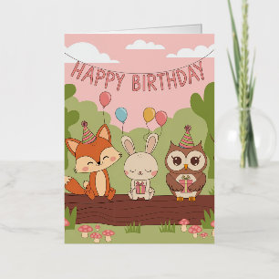 Cute Kids' Birthday Design with Fox, Bunny & Owl Foil Greeting Card