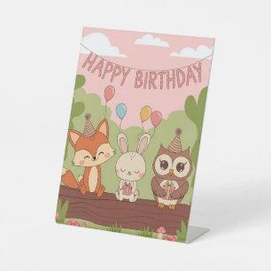 Cute Kids' Birthday Design with Fox, Bunny & Owl Pedestal Sign