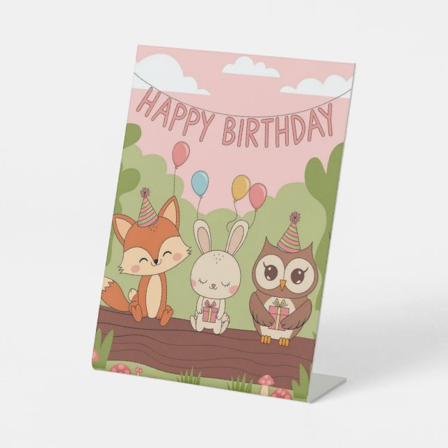 Cute Kids' Birthday Design with Fox, Bunny & Owl Pedestal Sign (Front)