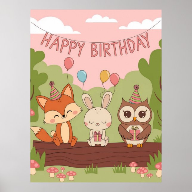 Cute Kids' Birthday Design with Fox, Bunny & Owl Poster (Front)
