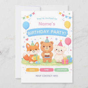 Cute Kids Birthday Invitation Pastel Animal Birt