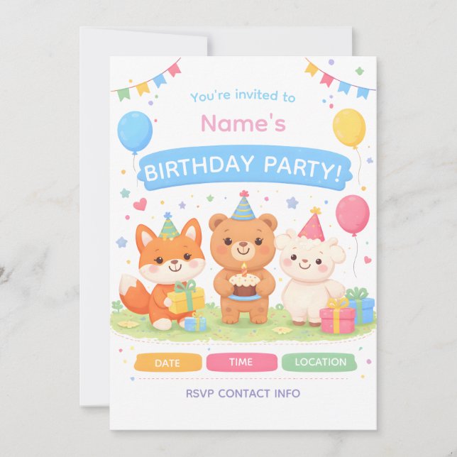 Cute Kids Birthday Invitation | Pastel Animal Birt (Front)