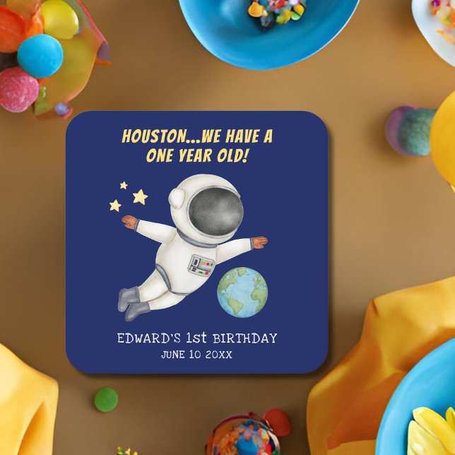 Cute Kid's Birthday Party Spaceman Square Paper Coaster (Creator Uploaded)