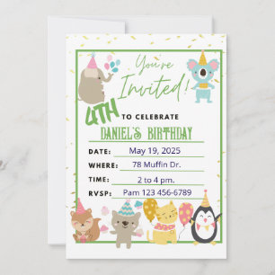 Cute kid's birthday with party animals in green invitation