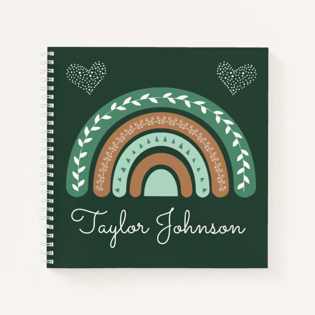 Cute Kids Boho Rainbow on Green Notebook (Front)