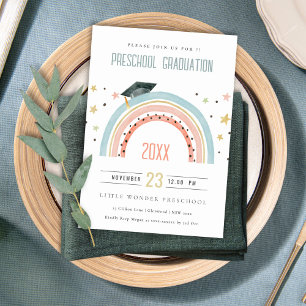 Cute Kids Boho Rainbow Stars Preschool Graduation Invitation