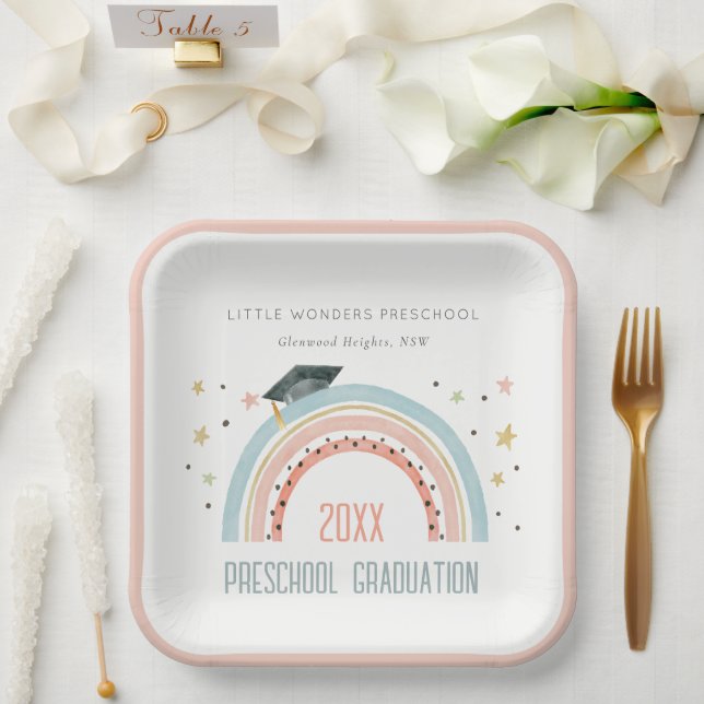 Cute Kids Boho Rainbow Stars Preschool Graduation Paper Plate (Wedding)