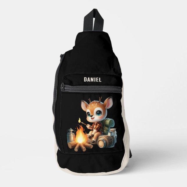 Cute kids camping add name deer sling bag (Front)