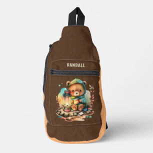 Cute kids camping bear add name sling bag