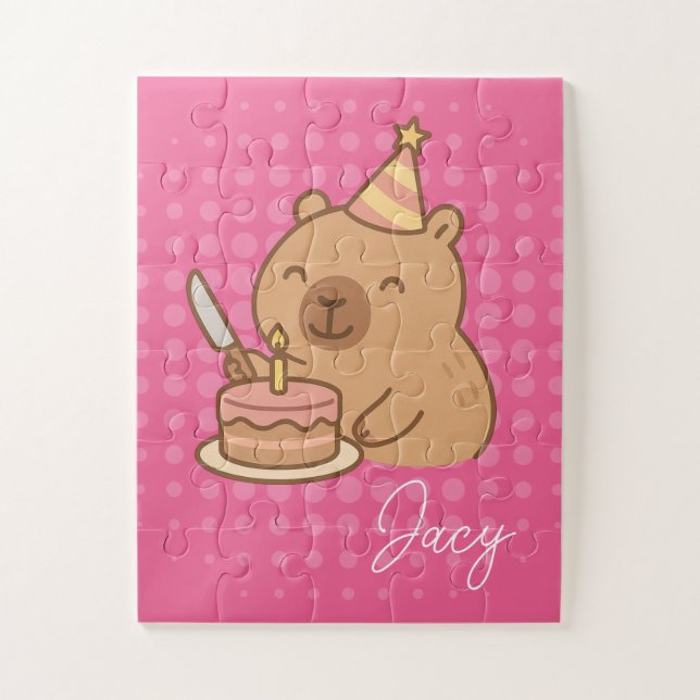 Cute Kids Capybara eating cake Birthday Jigsaw Puzzle (Vertical)