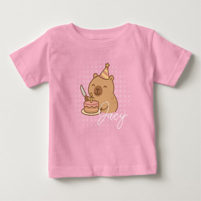 Cute Kids Capybara eating cake Birthday Purple Baby T-Shirt (Front)