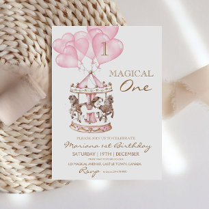 Cute Kid's Carousel Unicorn Girly 1st Birthday Invitation