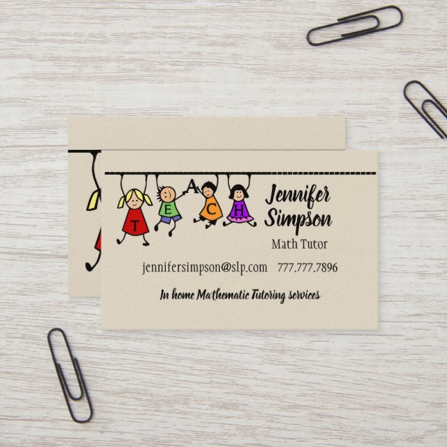 Cute Kids Cartoon Holding Teach Word Business Card (Front/Back In Situ)