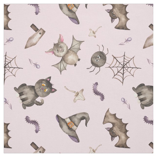 Cute Kids Cat Bat Spider Halloween Pattern Fabric (Swatch)