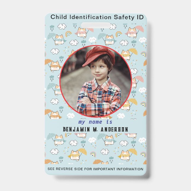 Cute Kid's Cat Colourful Custom Photo Child ID Badge (Front)