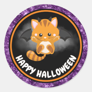 Cute Kids Cat & Purple Glitter Happy Halloween Classic Round Sticker
