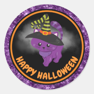Cute Kids Cat & Purple Glitter Happy Halloween Classic Round Sticker