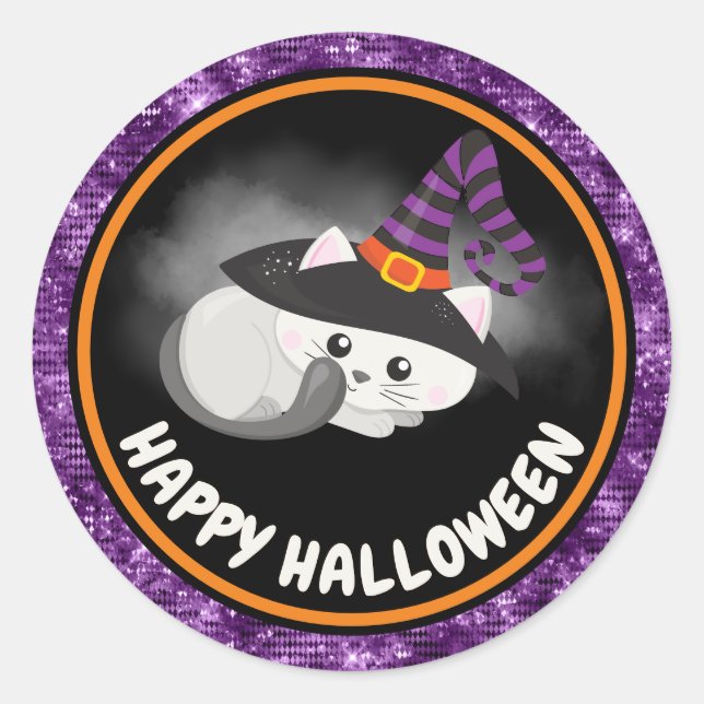 Cute Kids Cat & Purple Glitter Happy Halloween Classic Round Sticker (Front)