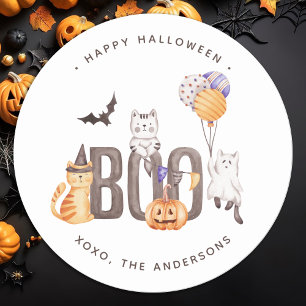 Cute Kid's Cats Ghosts Pumpkin Happy Halloween Boo Classic Round Sticker