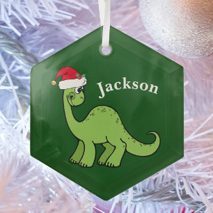 Cute Kids Christmas Dinosaur Green Personalised Glass Tree Decoration