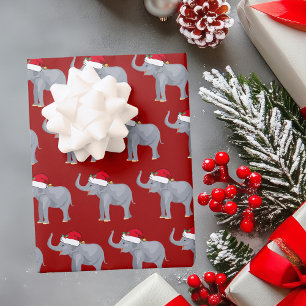 Cute Kids Christmas Elephant Santa Hat Red Holiday Wrapping Paper Sheet