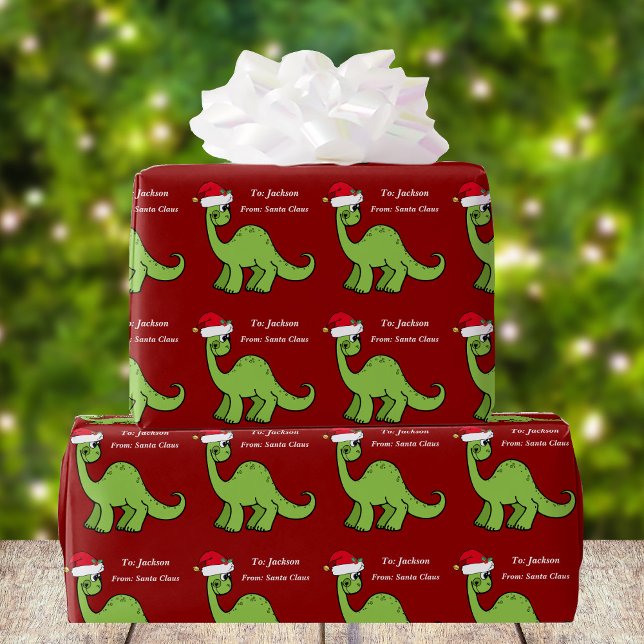 Cute Kids Christmas Red Dinosaur Custom Wrapping Paper (Creator Uploaded)