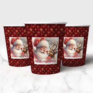 Cute Kids Christmas Santa Claus Red Nose Rudolph Paper Cups