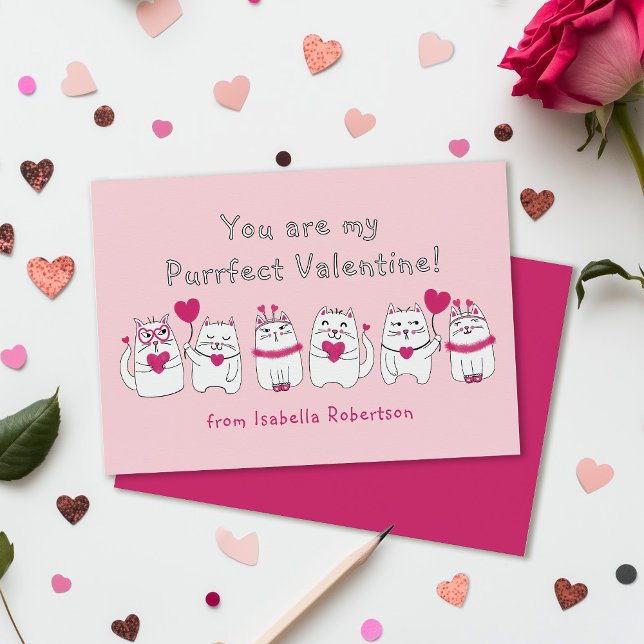 Cute Kid's Classroom Valentine's Day Cats Pink   Card (Creator Uploaded)
