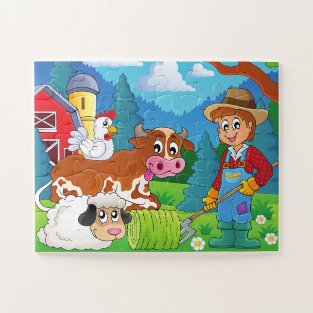 Cute Kids Colourful Farm Animals and Farmer  Jigsaw Puzzle (Horizontal)