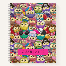 Cute Kids Colourful Owls Cartoon Seamless Pattern Notebook