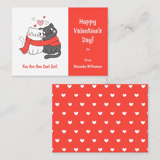 Cute Kids Cool Cat Valentines Day Red Card (Front/Back)