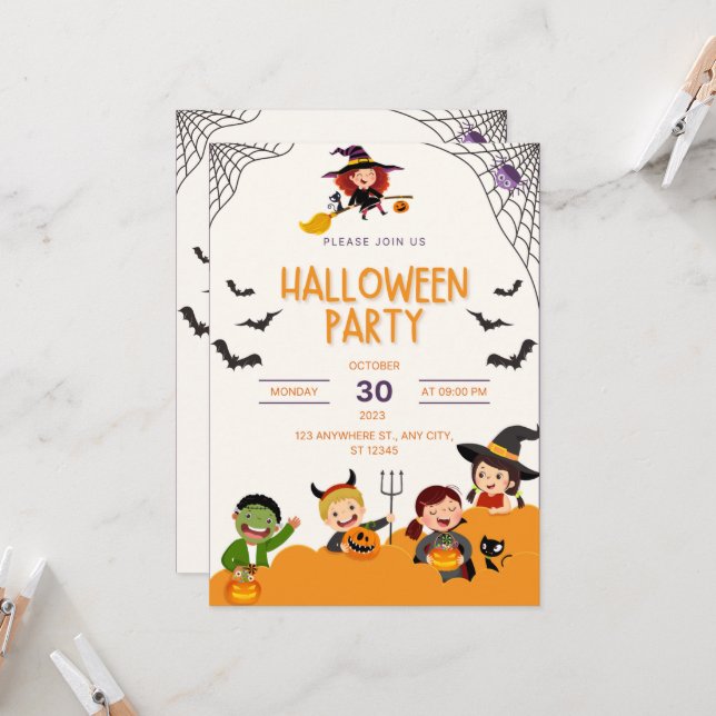 Cute Kids Costume Party Trick or Treat Halloween  Invitation (Front/Back In Situ)